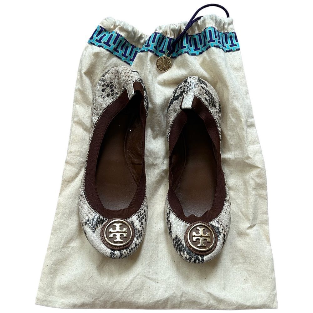 Tory Burch Womens Caroline Snakeskin Print Metallic Logo Leather Ballet Flats 7M